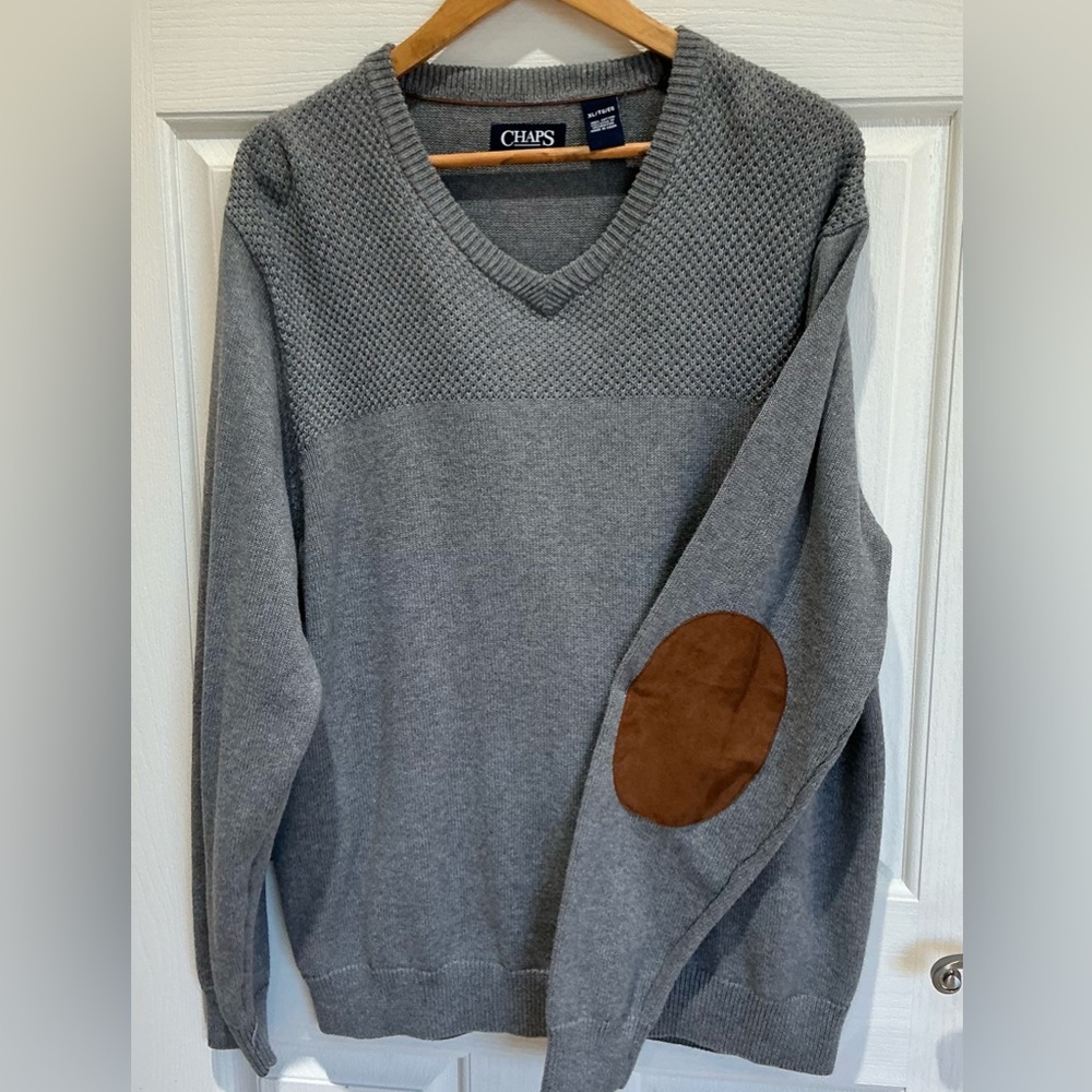 Chaps Gray V-Neck Sweater with Brown Elbow Patch